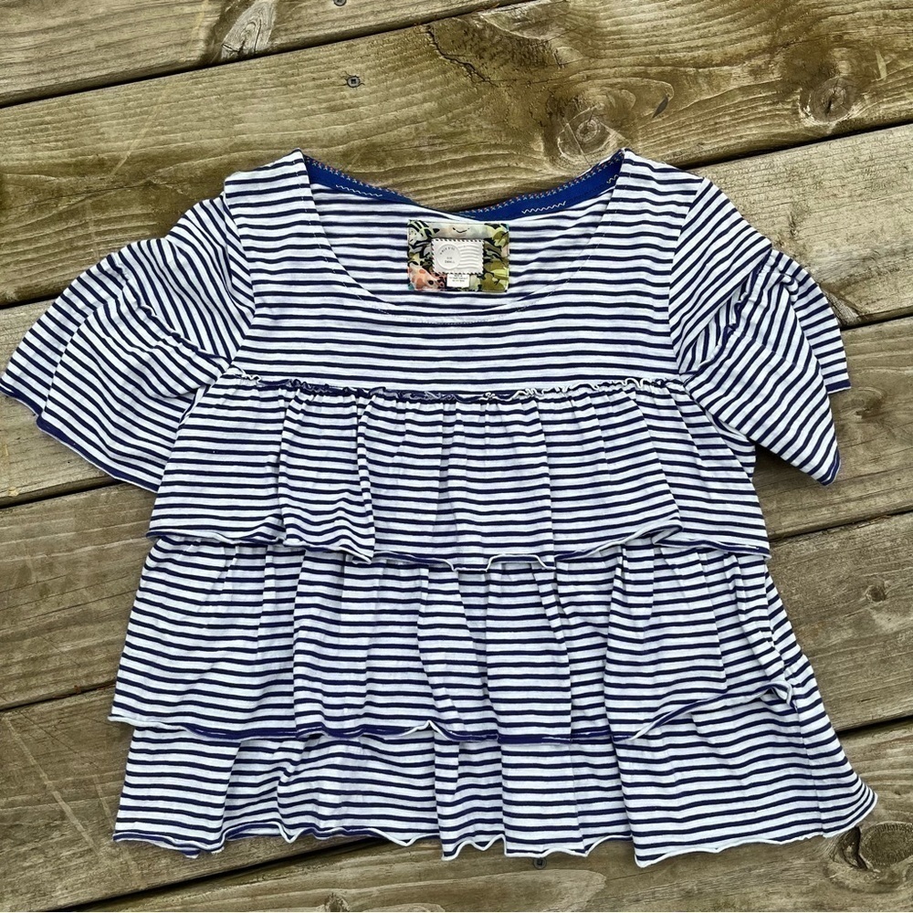 ** Anthropologie postcard blue striped ruffle tiered short sleeve top Small - Picture 1 of 8